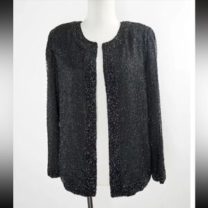 Vintage Lawrence Kazar Black Beaded Silk Evening Blazer Lined  Jacket Womens XL